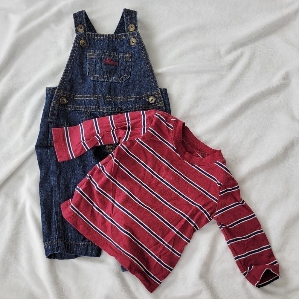 Just One You NWOT 2pc old truck Burgundy stripe long sleeve w/ jean overalls 3m - Picture 4 of 6